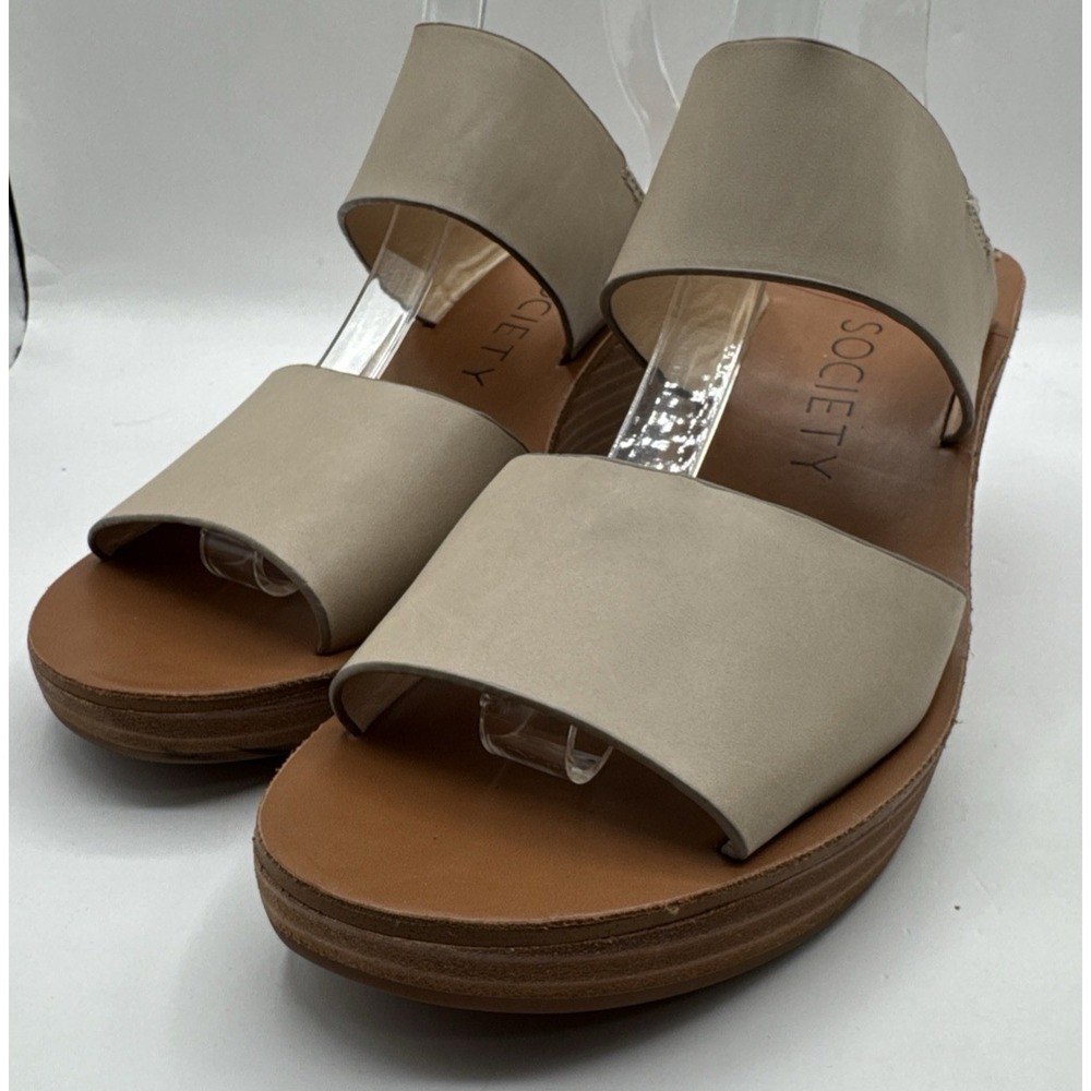 Sole Society Emilia Women's Leather Slide Wedge Sandals in Cream Tan -‎ Sz 9